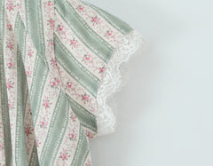 Green Striped Floral Print Short Sleeve Mini Dress