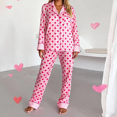 Pink Heart Dot Print Long Sleeve Turn Down Collar Top and Elastic Waist Pants Set
