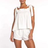 White Tie Shoulder Top And Shorts Sleepwear Set