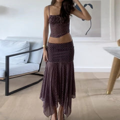 Purple Polka Dot Mesh Cami Crop Top And Irregular Hem Pencil Mid Skirts Set
