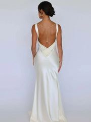 V-neck Satin Backless Pearl Chain Long Dress