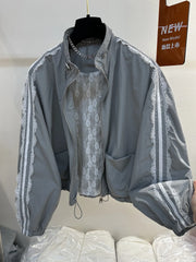 Lace Trim Stand-up Collar Zipper Jacket