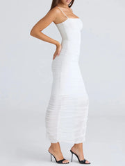 Bodycon mesh Pleated Midi Strappy Dress