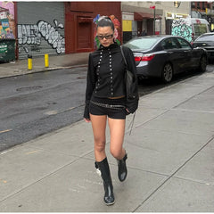Black Stand Collar Button Up Desgin Jacket