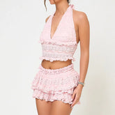 Women's lace tie-up halter neck top and elastic waist mini skort set.