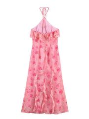 Pink Rose Print Ruffle Midi Dress