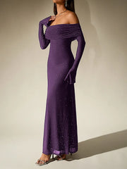 Off-Shoulder Flared Long Sleeve Sequined Maxi Dress