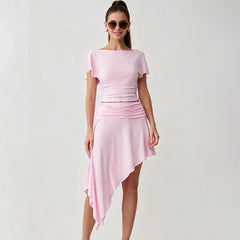 Off Shoulder Short-Sleeve Fitted Top And Irregular Hem Midi Skirt Set