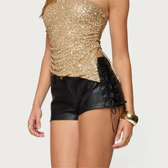 Faux Leather Low Rise Shorts with Lace-Up Side Detail
