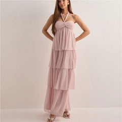 Strapless Tiered Hem Tube Tie Up Maxi Dress