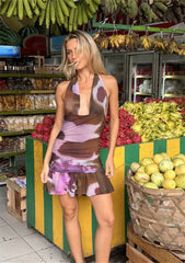 Printed Deep Halter Ruched Pleated Hem Mini Dress