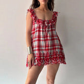 Red Plaid Ruffle Edge Mini Dress