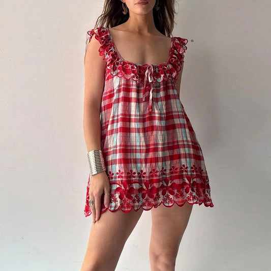 Red Plaid Ruffle Edge Mini Dress