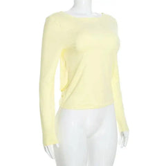 Solid Hollow Out Backless Long Sleeve T-Shirt