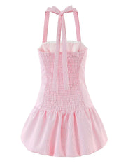 Stripe Halter Smocked Puff Hem Mini Dress