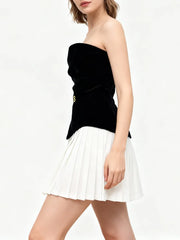 Black Velvet Strapless White Pleated Mini Dress