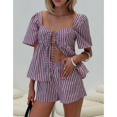 Purple Striped Print Short Sleeve Front Tied Tops And Shorts Set
