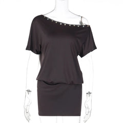 Button Applique Diagonal Collar Short Sleeve T-shirt Dress