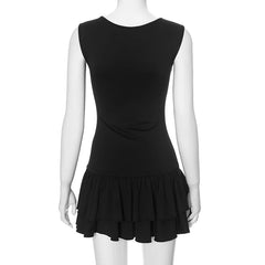 Solid O-Neck Layered Ruffled Hem Short Dress