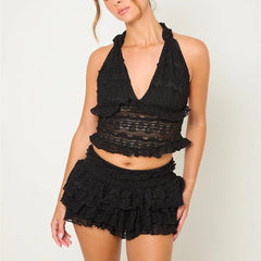 Women's lace tie-up halter neck top and elastic waist mini skort set.