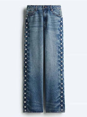 Side Studded Beading Straight Baggy High Waist Denim Pants