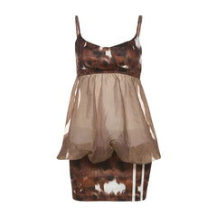 Brown Printed Puff Mesh Patchwork Mini Dress