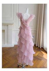 Pink Butterfly Sleeve Asymmetrical V-neck Tiered Ruffle Midi Dress