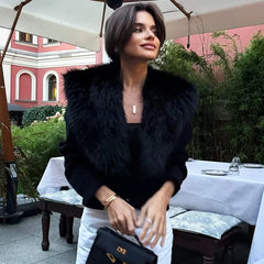 Black Cropped Faux Fur Removable Collar Cardigan