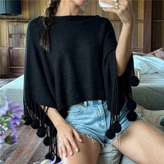 Tassel Knit Poncho Cape
