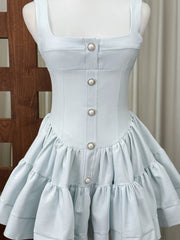 Straps Square Neck Buttons Mini Dress