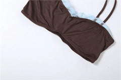 Brown Lace Patchwork Crop Top And Ruched Drawstring Maxi Skirt Set