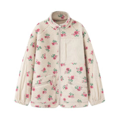 Floral Plush Zipper Pockets Jacket