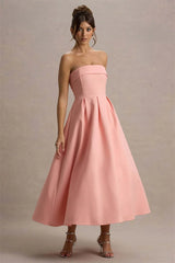 Strapless Solid Midi Dress