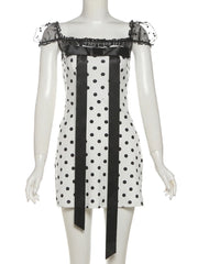 White Polka Dot Lace Sleeves Black Bow Mini Dress
