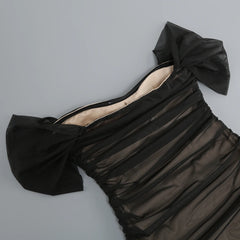 Black Mesh Off-shoulder Pleated Long Dress