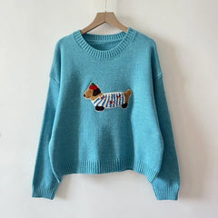 Cartoon Sausage Dog Appliques Knitted Sweater