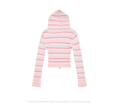 Knit Striped Long Sleeve Zip Hooded Top