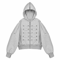 Military Style Braided Chest Trim Zip Up Hoodie