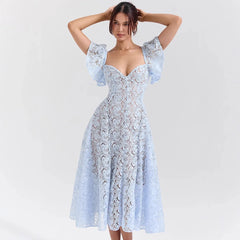 Blue Lace Flare Sleeve Midi Dress
