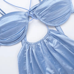 Blue Satin Low Cut Out Maxi Dress - Halter Sheath Fit