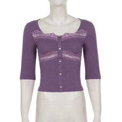 Purple Square Neck Ribbed Lace Patchwork Button Top