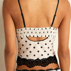 White Lace Patchwork Polka Dot Print Spaghetti Strap Mesh Tank Top