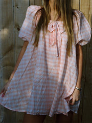 Plaid Bodydoll Puff Sleeve Mini Dress