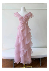 Pink Butterfly Sleeve Asymmetrical V-neck Tiered Ruffle Midi Dress