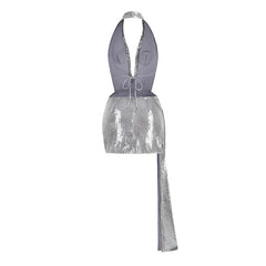 Silver Sequin Halter Deep Neck Backless Draped Mini Dress