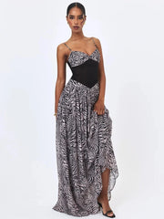 Zebra Print Spaghetti Strap Mesh Corset Patchwork Maxi Dress