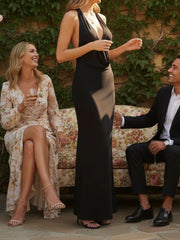 Black Halter Neck Open Back Long Dress