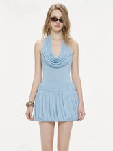 Halter Neck Folds Draped Pleated Hem Mini Dress