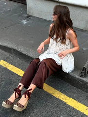 White Lace Printed Strap Long Top