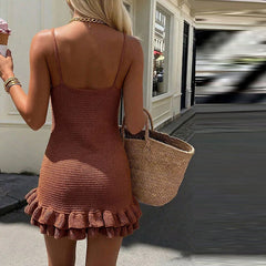Layered Sequin Ruffle Hem Spaghetti Strap Knitted Mini Dress